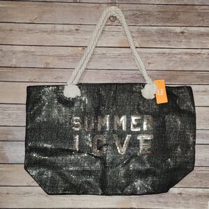 Black Sequin Tote Bag with Rope Handles